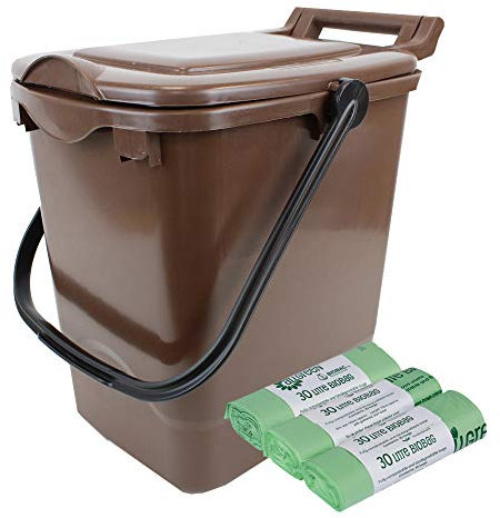 Large Brown Compost Caddy/Plastic Kerbside Bin for Food Waste Recycling (23 Litre) - 23L & 30 x 30L Compostable Bags with Composting Guide