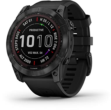 Garmin fenix 7X Sapphire Solar, Larger sized adventure smartwatch, with Solar Charging Capabilities, rugged outdoor watch with GPS, touchscreen, wellness features, black DLC titanium with black band