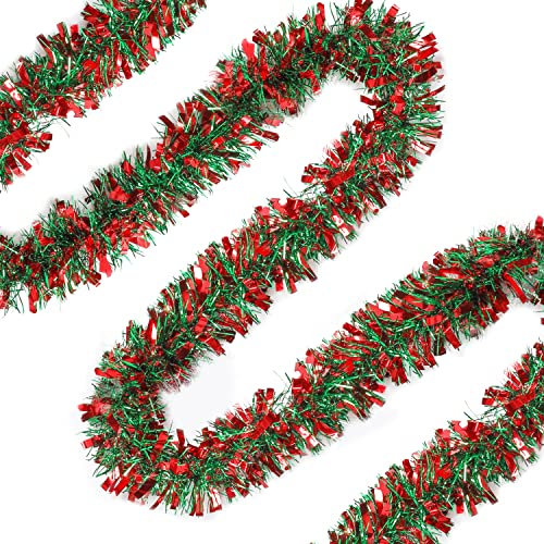 Belle Vous Red and Green Christmas Tinsel - 12m / 39.4ft Shiny Metallic Christmas Tree Hanging Garland - Chunky Xmas Tinsel for Indoor/Outdoor Christmas Party Decorations & Festivals