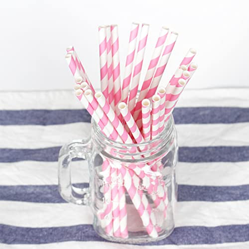 50 Pack Paper Straws, Pink Striped Party Drinking Straws for Birthday, Wedding, Baby Shower, Disposable Paper Straw for Cocktail Bubble Tea Celebrations Tableware Supplies