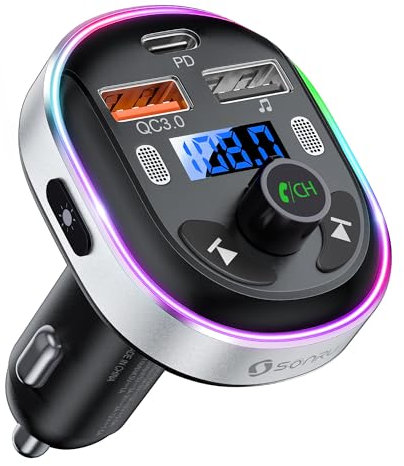 SONRU Transmetteur FM Bluetooth 5.3, Adaptateur Bluetooth Voiture pour Voiture 30W PD&QC 3.0 Prend en Charge Les Appels Mains Libres, Support Siri Google Assistant/7 lumières de Couleur