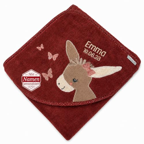 Sterntaler Badetuch 80x80 cm aus 100% Baumwolle personalisiert mit Namen/inklusive Bestickung (Emmily dunkelrot)