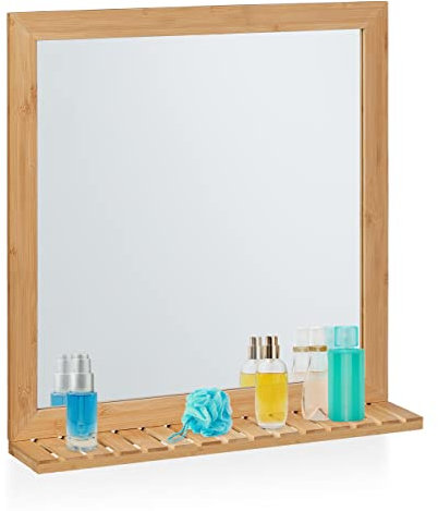 Relaxdays Specchio da Bagno con Mensola da Parete, Specchiera Quadrata con Ripiano, HLP: 61,5x60x12 cm, bambù, Naturale, Feltro