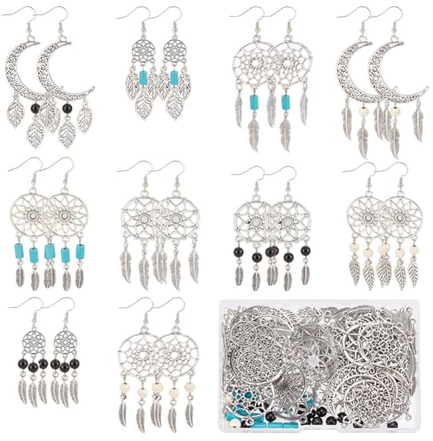 SUNNYCLUE 1 box DIY 10 paar Boho Stil Dreamcatcher Charms Ohrringe Machen Kit Böhmischen Kronleuchter Charms Halbmond Blatt Feder Synthetische Türkis Perlen für Schmuck Machen Kits