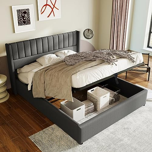 Sweiko Polsterbett 140x200cm, Leinen Hydraulisch Bett Mit seinem vertikalen Streifendesign, Modernes Lattenrost Bet mit Stauraum,Funktionsbett von Aufbewahrung mit Metallrahmen,Gray (Ohne Matratze)