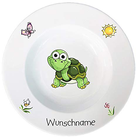 Doriantrade Suppenteller 22cm Kinderteller Teller Porzellan Schildkröte personalisierbar mit Wunschname Name Kindergeschirr mit Namen personalisiert