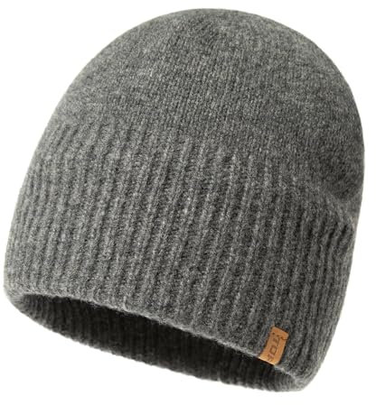 TOP-EX XL/XXL 100% Merinowolle Beanie Mütze, Wintermuetze Herren Damen, Fisherman Beanie Trawler Mütze, Strickmuetze, Warme Fleece Futter Grau XL/XXL