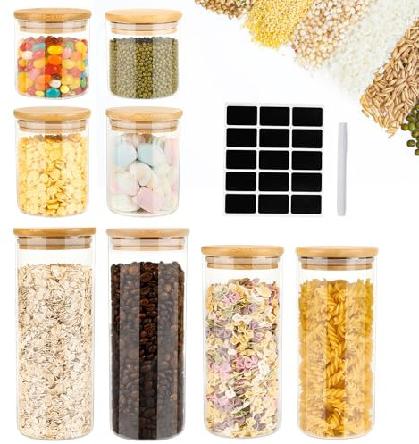 Cinnani Bocaux en Verre - Lot de 8, Rangement Cuisine, Pot en Verre avec Couvercle, Hermétique, Pour Céréales, Cornflakes, Sucre, Spaghetti