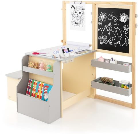 RELAX4LIFE Set Tavolo con Sedie 3 in 1, Cavalletto Regolabile/Scaffale/Scrivania/Lavagna Bianca/Lavagna Nera/Libreria con Tazze,Pennarelli,Gomma, Gessetti,114x81x100 cm (GRIGIO)