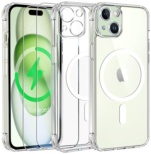 FLLAO Cover Magnetica per iPhone 15 e 2 Pellicole in Vetro Temperato, Cover iPhone 15 Compatibile con Magsafe, Custodia Traslucida Opaca Posteriore Sottile Antiurto Protettiva Case, Trasparente