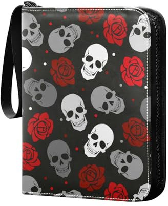 Totenkopf und rote Rosen Sammelkartenalbum 4 Taschen Kartenordner 50 Seiten 400 Karten PU Reißverschluss Kartenbinder Aufbewahrungshalter für Sportspielkarte