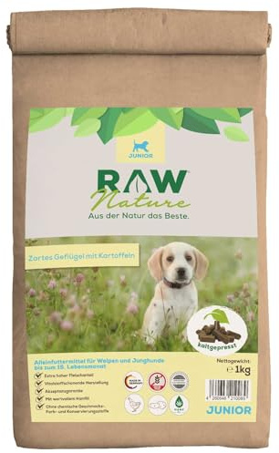RAW Nature torrfoder JUNIOR med kyckling 1 kg, kallpressad hundmat, spannmålsfri, 100 % muskelkött, hög kötthalt, utan konstgjorda tillsatser, lämplig för alla raser och känsliga hundar