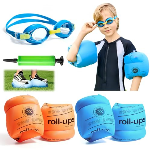 Arm Floats for Kids, Aoeoun Kids Arm Floaties, 4 Pack Arm Floaties with Swim Goggles and Inflator, Beginner Children's Swimming Set, Great for Helping Young Swimmers Build Confidence in The Water