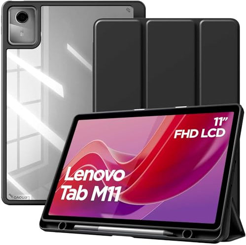 TiMOVO Cover per Lenovo Tab M11 2024 11 Pollici TB330 con Portapenna, Cover Protettiva con Supporto a Tre Ante, Trasparente sul Retro, Supporta Auto Sveglia/Sonno per Lenovo Tab M11, Nero