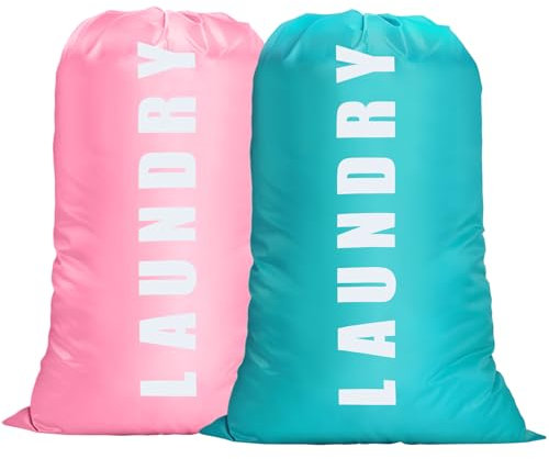 Flintronic 2PCS Bolsa de Lavandería Plegable Portátil, Bolsas para Ropa Sucia, Bolsa de Colada con Cuerda, Gran Capacidad, para Baño Dormitorio Hotel de Viaje, para Lavandería, 80-120L, Azul+Rosa
