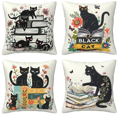 Kissenbezüge, Motiv: schwarze Katze und Bücher, 4er-Set, Blumenmuster, Schmetterling, Dekor, Katzenkissen, Lesekissen, dekorativ für Couch, Sofa, Zuhause, Büro, Outdoor, 45,7 x 45,7 cm