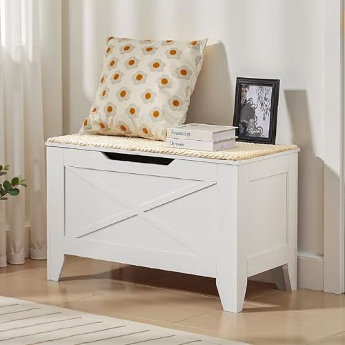 VECELO 30 Storage Chest with Lift Top Storage, Farmhouse Style Ottoman with Handwoven Wicker Cushion, Safety Hinges, Ideal for Entryway, Bedroom, Living Room, Ivory White