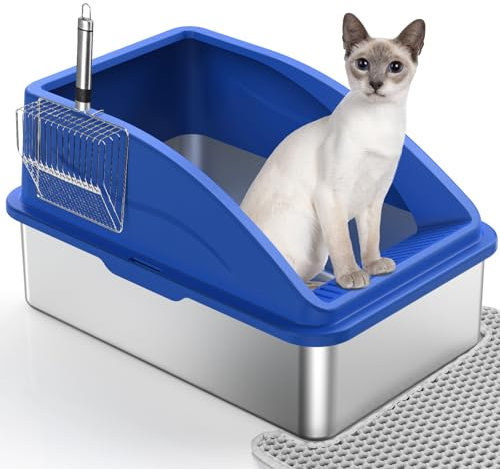 FURTIME Katzenklo Edelstahl XXL, Katzentoilette 28L Katzenklo Groß mit Katzenstreuschaufel und Doppelschicht Matte, Auslaufsichere, Hohem Rand,Geruchloses,Geeignet für Maine Coon,Britisch Kurzhaar usw