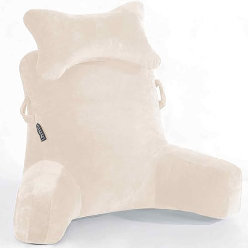SLIGUY Lesekissen, Extra groß 78,7 cm,Bettruhekissen mit Abnehmbarer Nackenrolle und Armen zum Sitzen im Bett oder auf der Couch, Rückenlehne für Erwachsene, Lesekissen zum Lesen, Fernsehen,Beige
