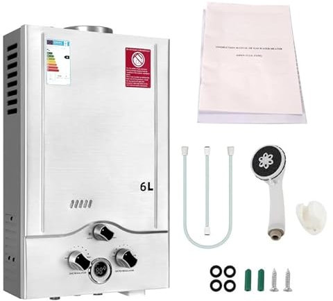 Scaldacqua a gas 6 lpm, 12 kW, scaldabagno da campeggio a gas GPL, propano o butano, pressione dell'acqua di avviamento super bassa, per la casa e la doccia istantanea esterna riscaldata, per