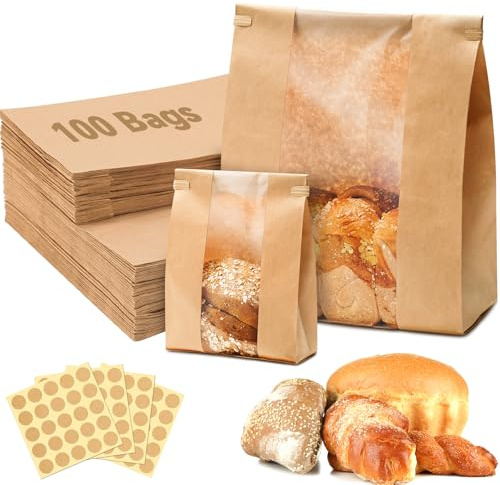 NiHome 100-Pack Kraft Paper Bread Bag with Tin Ties & Stickers for Sandwiches, Pastries, Snacks, Bakery, Café & Party Use – 60 Large & 40 Small, 50% Thicker Food-Grade with Clear Window