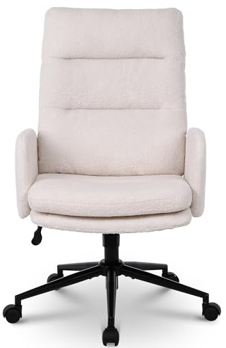 Flysky Office Chair for Home, Teddy Fleece Desk Chair, Beige | Soft teddy velvet fabric, Double backrest, 50cm wide seat, 90°-120° swing, Adjustable Height