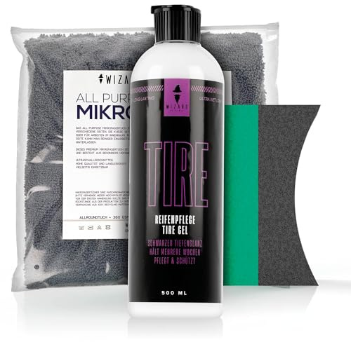 Wizard of Gloss Reifenglanz Set | Tire Gel 500ml + Auftragsschwamm + Tuch zur Auffrischung verblasster Reifen | Auto Reifengel zur effizienten Reifenpflege | frischer Glanz & UV Schutz