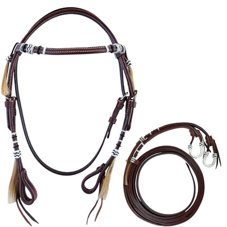 Brama West Bride western « Wyatt » - Bride en cuir élégante de style western classique - Avec coutures contrastées blanches, décor Rawhide et pompons en crin de cheval - Marron - Avec bride (Full)