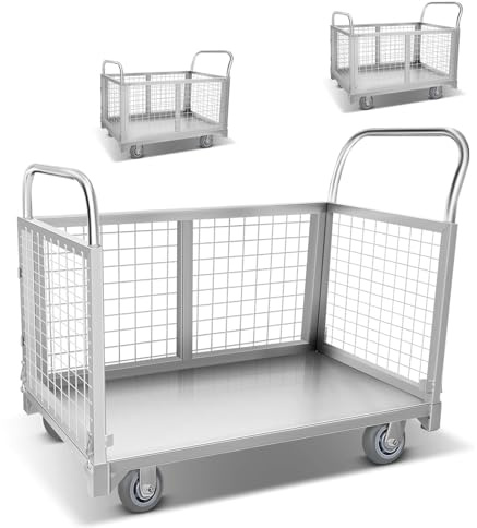 Multifunctional 4-in-1 Wire Mesh Cage Cart, 2200 LBS Capacity Metal Utility Cart with 360° Rotating Wheels, 40.1×23.2×37.7in, Ideal for Warehouse Storage, Market Vending & Gym Equipment Transport