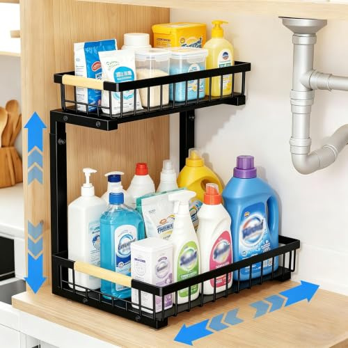 Extra Wide Under Sink Organiser 2 Tier Pull Out - Adjustable Height Sliding Cabinet Shelf for Kitchen Bathroom Cupboard - Heavy Duty Metal Storage Rack with Anti-Slip Base, 1 Pack - Black