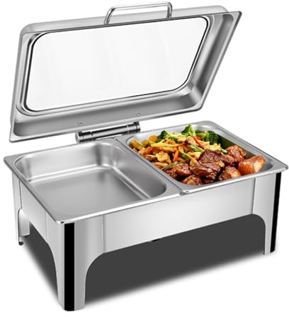 Chafing Dish rettangolari per buffet con coperchio in vetro idraulico, set di scaldavivande per feste, vassoio espositivo per condimenti per catering domestico (argento-A, 6,5 cm/2 griglie) (argento