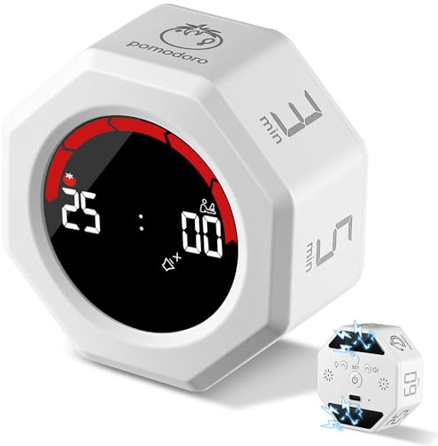 PUGTOW Pomodoro Timer, wiederaufladbar, USB C, digitaler Küchentimer mit Schwerkraft, achteckig, magnetisch, 8 voreingestellte Modi, 3 Lautstärkestufen für Studium, Büro und Küche