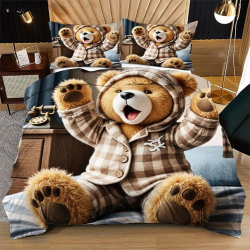 Fotmung Housse de Couette 240x260 cm Ours Brun, Ensemble de Linge de Lit 3 Pièces, Résistant à l'usure et avec Sangles aux 4 Coins pour Fixer la Couette, Évite Le Glissement D320