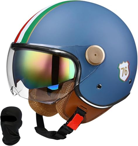 3/4 skoterhjälm, retro motorcykelhjälm, jethjälm med dubbla glasögon, bekvämt foder, med ECE/DOT-godkännande, motorcykelhjälm, halvskalshjälm för vuxna män och kvinnor H ,M = 57–58 cm