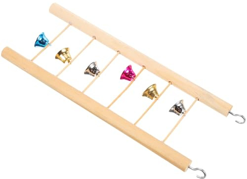 INOOMP Échelle en Bois Naturel pour Perroquets avec 6 Marches 25 Cm, D’Escalade pour Perruches et Oiseaux, Échelle à Suspendre avec Clochettes Colorées, Accessoire Cage Oiseaux