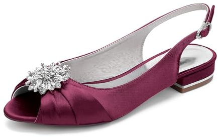 Brudskor dam öppen tå bröllop kväll platta sandaler satin bröllop brudskor 2,5 cm, Vinröd, 36 EU