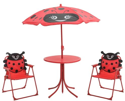 HETFTJN Juego de 3 bistres de jardín para niños con sombrilla roja 50 cm mesa robusta tubo de acero plegable parasol 105 cm resistente a la intemperie muebles de exterior para balcones pequeños