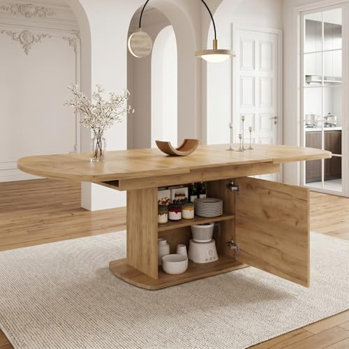KOMHTOM Table à Manger Extensible Ovale 140-200 cm avec Rangement Intégré Tiroir Buffet Pliable 6 Personnes Gain de Place Bureau Cuisine MDF Chêne (Chêne Naturel)