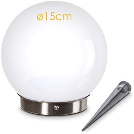 Mini lampada solare Nassau, lampada a globo con picco di terra, lampada a globo in plastica bianca Ø 15 cm, lampada da esterno con interruttore on/off, lampada solare con interruttore crepuscolare