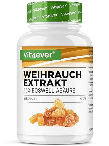 Weihrauch Extrakt - 365 Kapseln - Premium: 85% Boswellia-Säure - Hochdosiert mit 1000 mg je Tagesdosis - Echtes indisches Boswellia Serrata - Laborgeprüft - Vegan