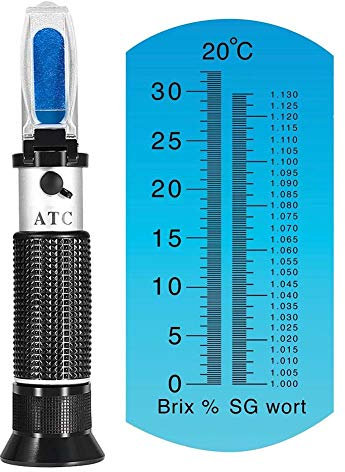 Brix Refraktometer mit ATC für Bier, Wein, Obst, Zucker, Hausbrau-Meter, Dual-Skala, Brix 0 - 32 % und spezifisches Gewicht 1,000 - 1,130, Ersetzt Hausbrau-Hydrometer