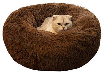 BODISEINT Modern Soft Plush Round Pet Bed for Cats or Small Dogs, Mini Medium Sized Dog Cat Bed Self Warming Autumn Winter Indoor Snooze Sleeping Cozy Kitty Teddy Kennel (20'' D x 8'' H, Chocolate)