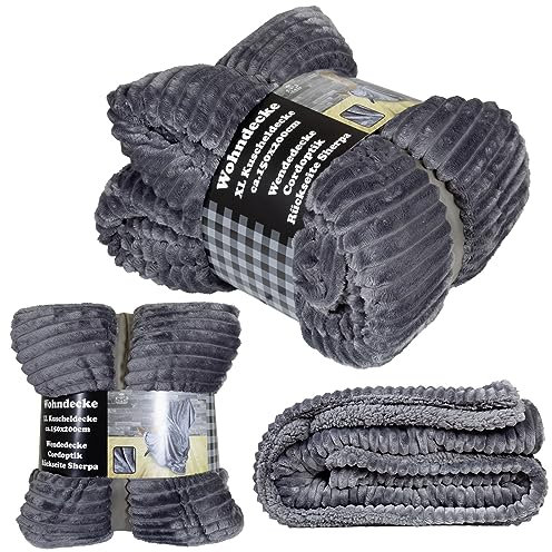 Trendyshop365 Wohndecke 150x200cm in Cordoptik Kuschel-Decke Sherpa-Rückseite Flauschig Tagesdecke (anthrazit)