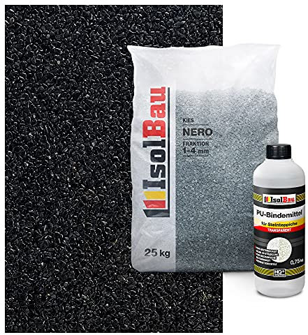 Isolbau Steinteppich Aussen Komplettset 25kg + Bindemittel bis 2,5m² Nero 1/4mm Epoxidharz, Terassenboden, Natursteinboden Marmorkies Bodenbelag, Steinboden, Marmorstein, Innen Außen