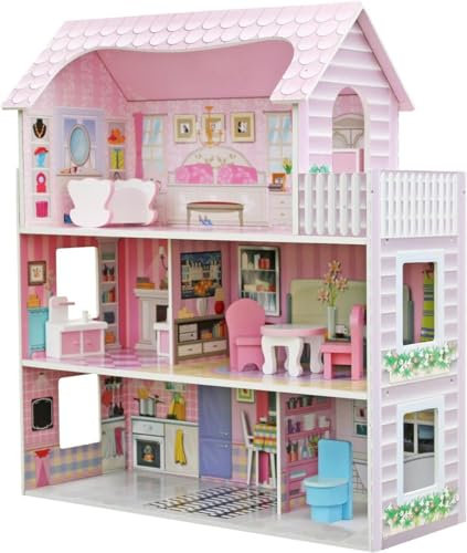 Large Wooden Play Doll House With Accessories & Furniture Role Play Doll House 4 Designs Christmas, Birthday Girls Gift (Design 5)