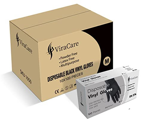 ViraCare 1000 Black Disposable Vinyl Gloves Medium | Latex Free | Powder Free | Strong And Non-Sterile