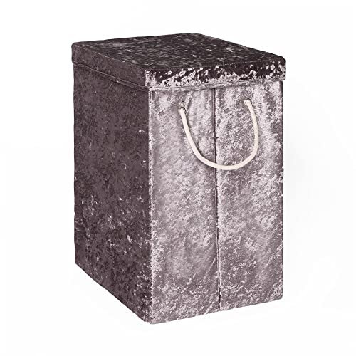 OHS Laundry Basket with Lid, Bedroom Bathroom Accessory Clothes Basket with Handle Toys Oragniser Box Storage Easy Foldable Crushed Velvet, Charcoal Grey 50cm x 45cm