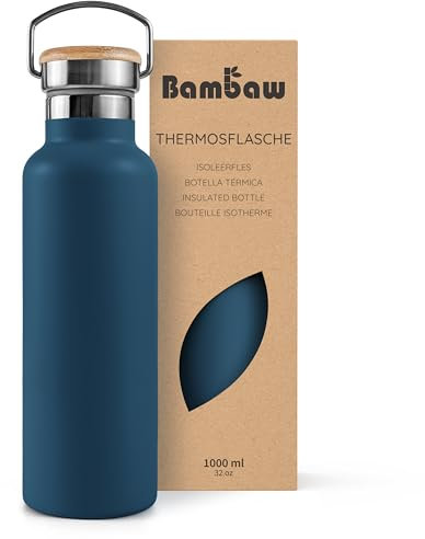 Bambaw Thermosflasche 1l, Trinkflasche Blau, Edelstahl Trinkflasche, Flasche 1l, Trinkflasche 1l Auslaufsicher, Thermosflasche 1000ml – Azurblau