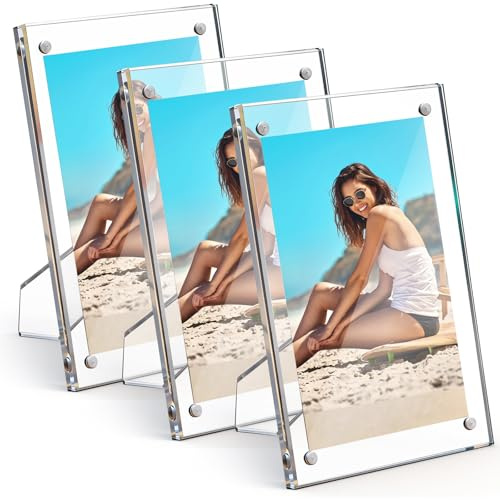 Mezchi 3 Pack 15x10cm /6x4in Acrylic Picture Frame, Magnetic Frame, Frameless Clear Photo Frame, Freestanding Double Sided Picture Frame for Photos, Postcard, Desktop Display, Home, Office