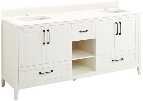 Signature Hardware 953346-72-RUMB-1 Burfield 72 Freestanding Double Basin Vanity Set with Cabinet, Vanity Top, and Rectangular Undermount Sinks - Single Faucet Holes - White/Arctic White